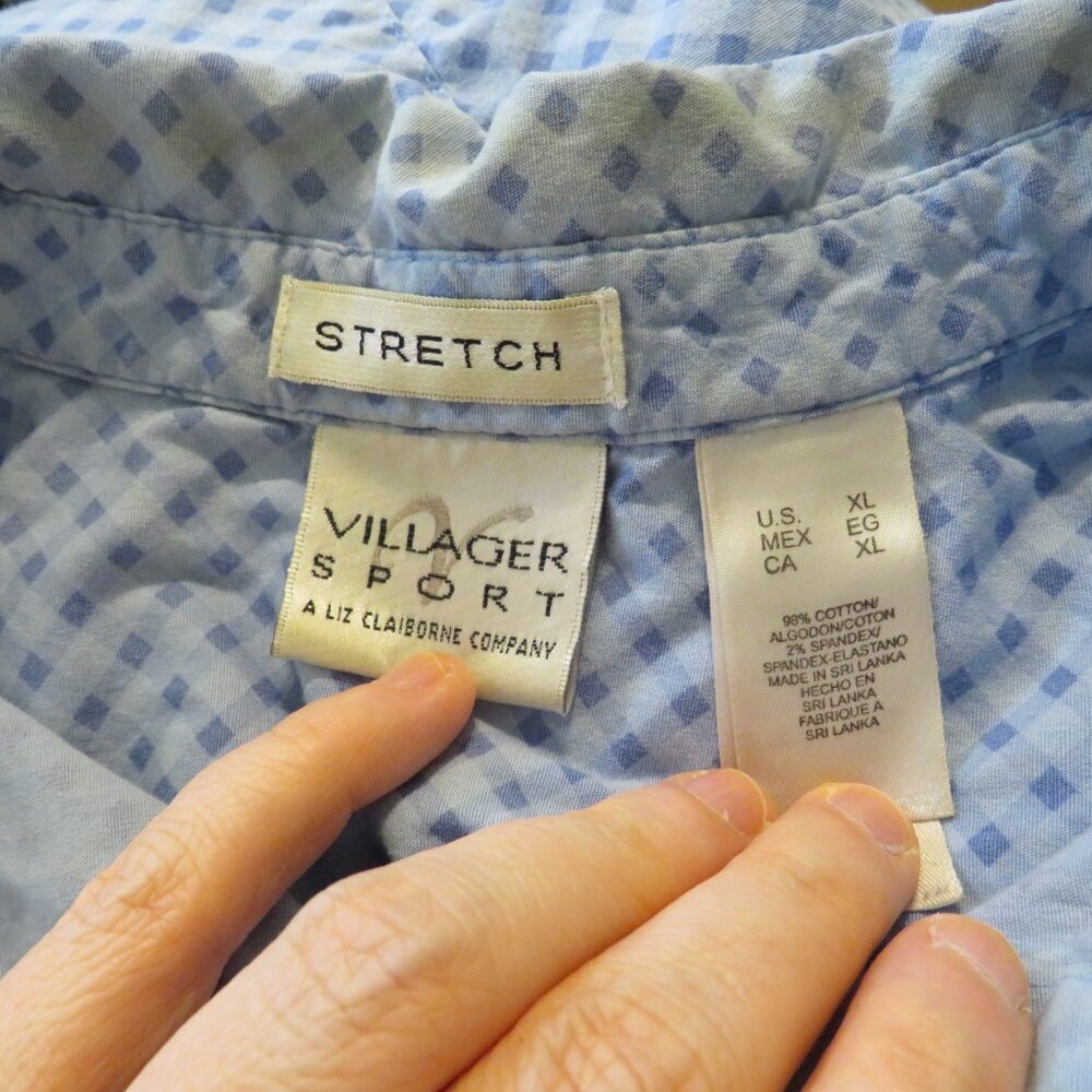 Villager Sport Liz Claiborne Blue Gingham Stretch Button-Down Top Short Sleeve - Picture 4 of 6